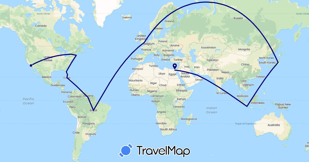 TravelMap itinerary: driving in United Arab Emirates, Brazil, Cuba, Egypt, United Kingdom, Guyana, Indonesia, Japan, United States (Africa, Asia, Europe, North America, South America)